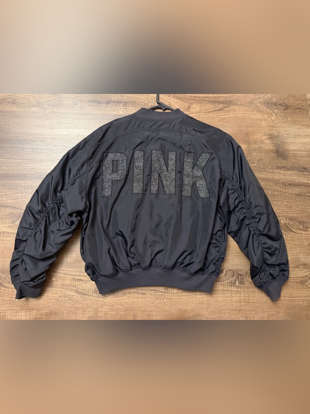 Victoria’s Secret PINK Flight Bomber Jacket XS Black Glitter Logo Y2K Rare